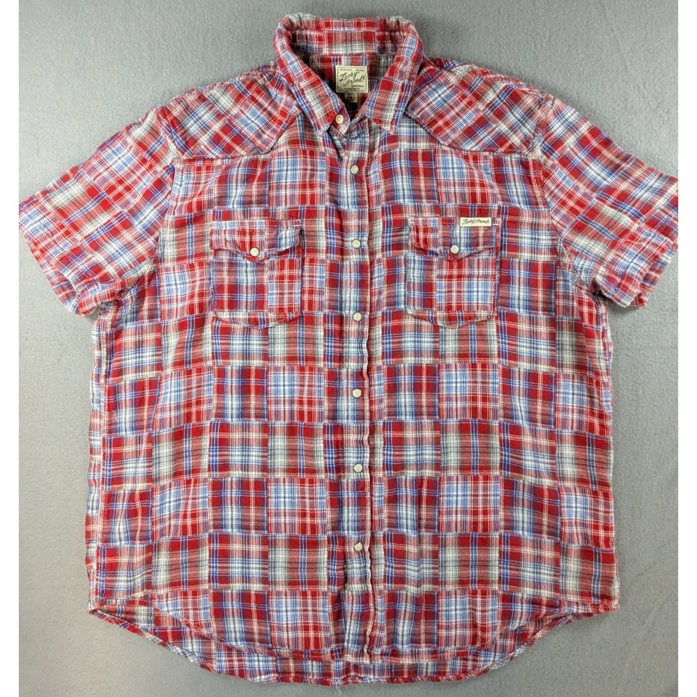 Lucky Brand Mens Distinctive Western Patchwork Button Down Shirt XXL Red Blue